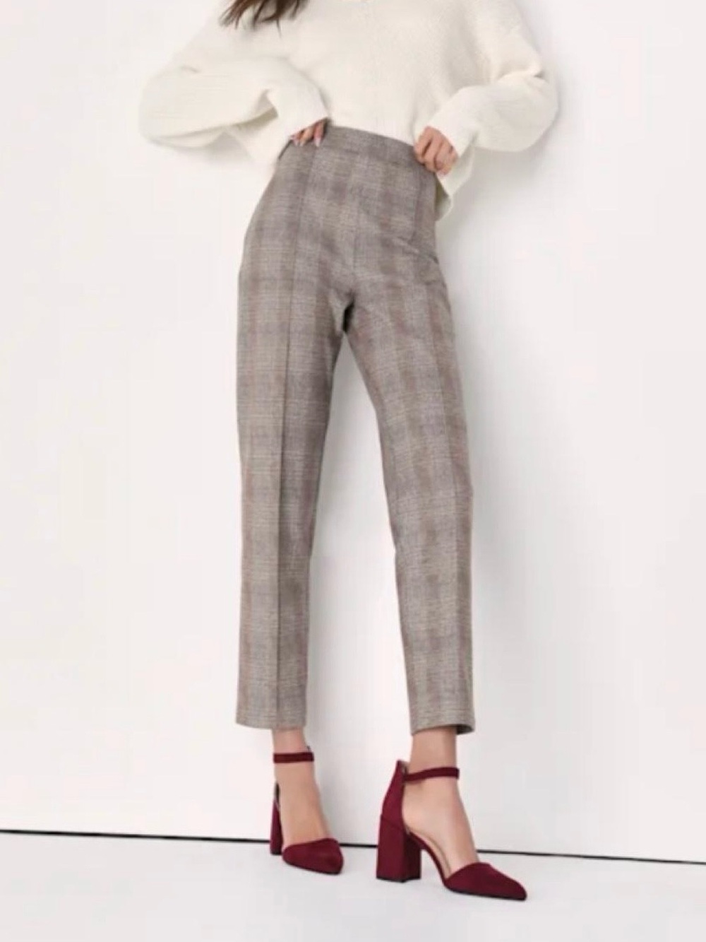 NWT Lulu's Taupe Plaid High-Waist Straight-Leg Trousers